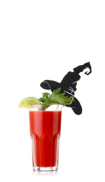 Glass of tasty bloody Mary cocktail decorated for Halloween on white background - Photo, Image