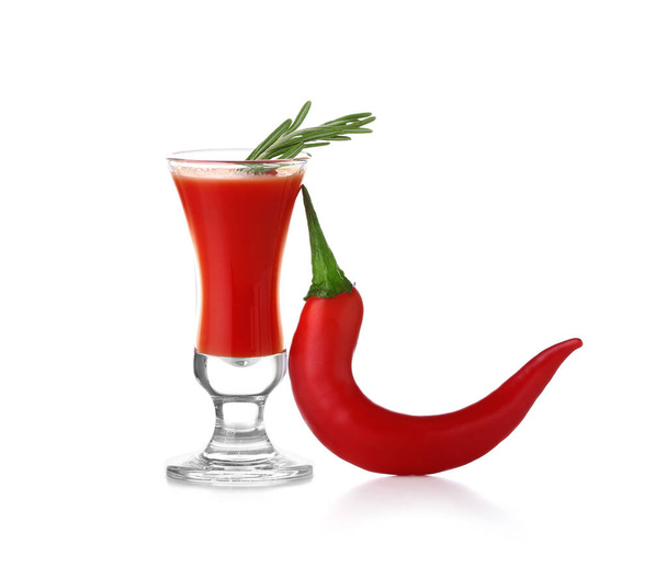 Shot of tasty bloody Mary cocktail with chili pepper and rosemary on white background - Photo, Image