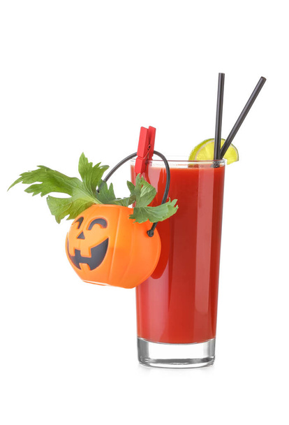 Glass of tasty bloody Mary cocktail decorated for Halloween on white background - Photo, Image