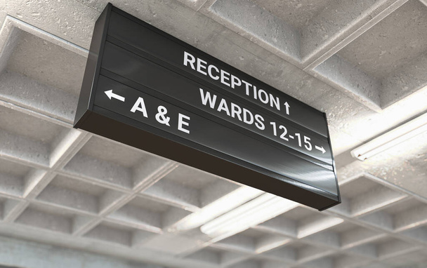 Ein Krankenhaus-Richtungs-Schild an einer gegossenen Betondecke, das den Weg zur A & E-Station markiert - 3D-Render - Foto, Bild