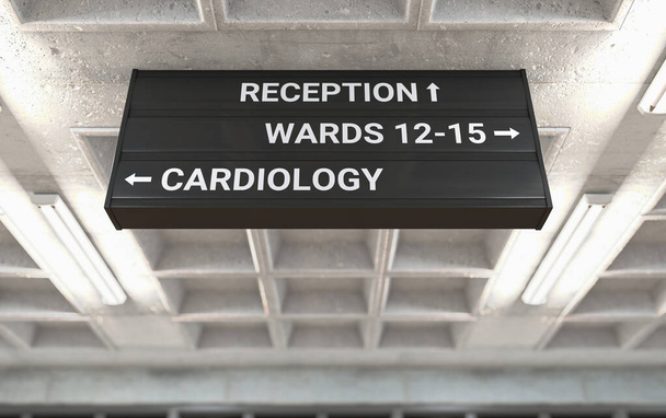 Μια πινακίδα κατεύθυνσης νοσοκομείου τοποθετημένη σε μια οροφή από χυτό σκυρόδεμα αναδεικνύοντας το δρόμο προς την καρδιολογική πτέρυγα - 3D render - Φωτογραφία, εικόνα