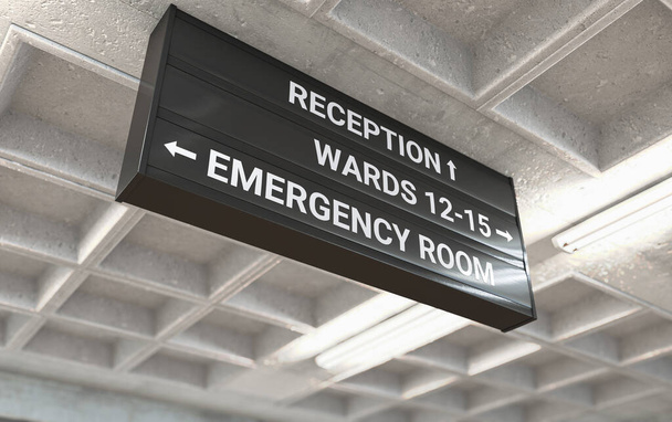Напрямний знак лікарні, встановлений на литій бетонній стелі, що підсвічує шлях до палата ER 3D рендерингу
 - Фото, зображення