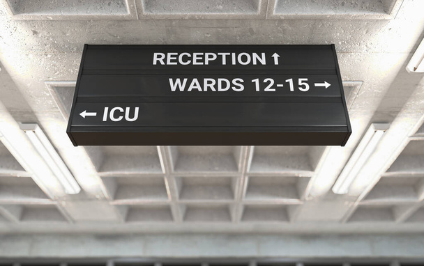 ICU病棟への道を強調するキャストコンクリート天井に取り付けられた病院の方向標識- 3Dレンダリング - 写真・画像