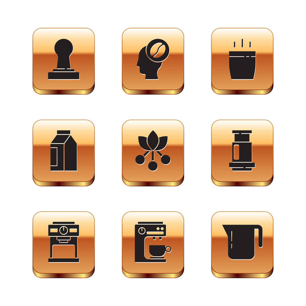 Kahve makinesini, kahve makinesini, fasulyesini, dalını, kahve çekirdeklerini, fincanı, demliği ve barista ikonunu hazırla. Vektör - Vektör, Görsel