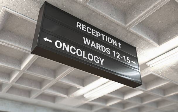 Szpitalny znak kierunkowy zamontowany na betonowym suficie, wskazujący drogę w kierunku oddziału onkologicznego - renderowanie 3D - Zdjęcie, obraz