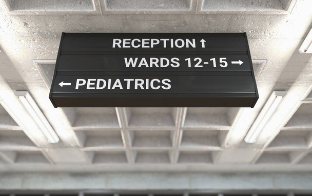 Ein Krankenhaus-Richtungs-Schild an einer gegossenen Betondecke, das den Weg zur Kinderstation markiert - 3D-Render - Foto, Bild