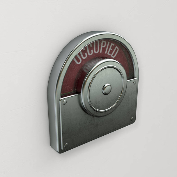 Un mecanismo de puerta metálica de baño público que indica rojo para ocupar sobre un fondo aislado de textura blanca - 3D render - Foto, Imagen
