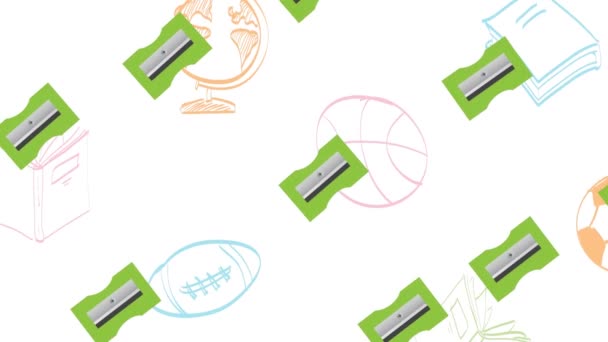 Animation of rows of green sharpeners and schools items on white background. education, back to school and pattern concept digitally generated video. - Felvétel, videó