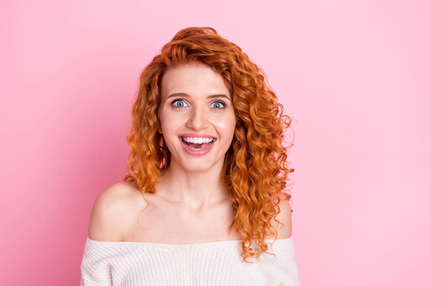 Photo portrait of red haired girl smiling cheerful amazed staring with opened mouth isolated pastel pink color background - Fotoğraf, Görsel