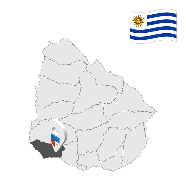 Τοποθεσία Colonia Department στο χάρτη της Ουρουγουάης. 3d σημείο τοποθεσία παρόμοια με τη σημαία της Colonia Department. Ποιοτικός χάρτης με περιοχές της Ουρουγουάης για το σχεδιασμό σας. EPS10 - Διάνυσμα, εικόνα