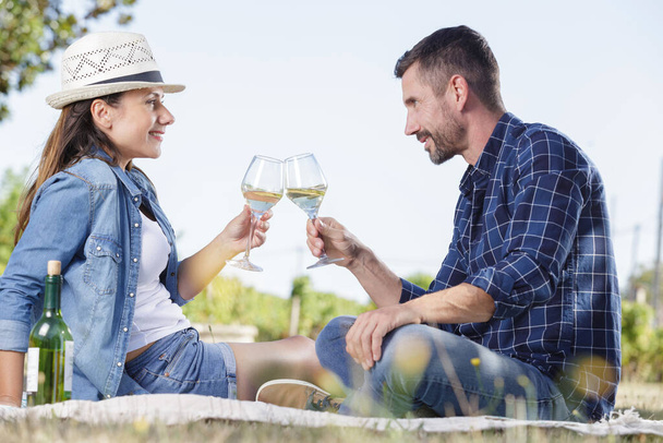 cute couple drinking wine on a picnic - Φωτογραφία, εικόνα