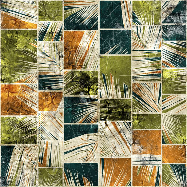 Seamless descolorido mosaico grungy de hojas de palma en rectángulos - Foto, imagen