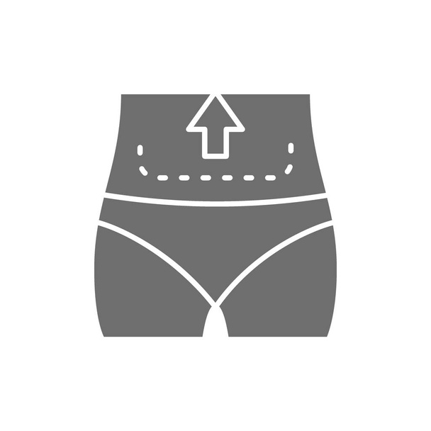 Abdominal liposuction, abdominoplasty, tummy tuck plastic surgery grey icon. - Vector, Image