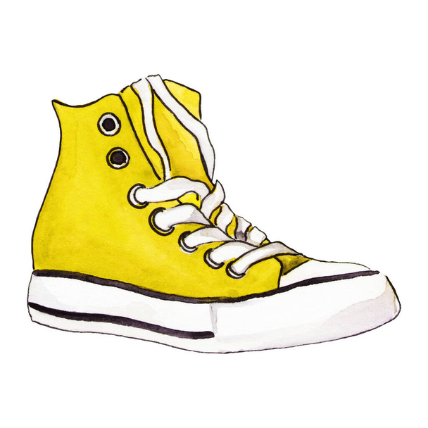 Υδατογραφία ένα ενιαίο κίτρινο αθλητικά παπούτσια σκίτσο απομονωμένη τέχνη - Φωτογραφία, εικόνα