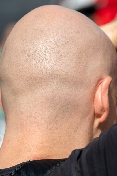 Ein rasierter Mann auf dem Hinterkopf. Der runde Kopf eines erwachsenen Männchens von hinten.  - Foto, Bild