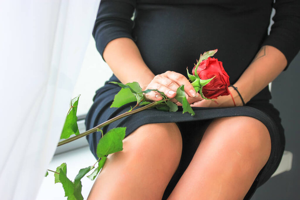 Schwangere junge Frau vor weißem Hintergrund in einem schwarzen Kleid mit einer roten Rose in den Händen, die zu Hause ruht. Glückliche Mutterschaft. Ein dicker Bauch. Warten auf ein Neugeborenes. Zärtlichkeit, Weiblichkeit  - Foto, Bild