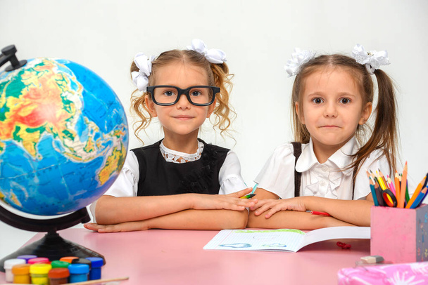 Portrait of two little schoolgirls doing homework on white background isolate - Zdjęcie, obraz