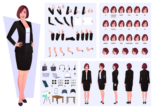 Mujer de negocios que lleva traje constructor de caracteres con sincronización de labios, emociones y gestos de mano diseño - Vector, Imagen