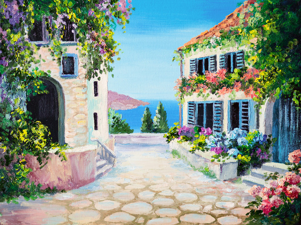 Pintura al óleo sobre lienzo - casa cerca del mar
 - Foto, Imagen