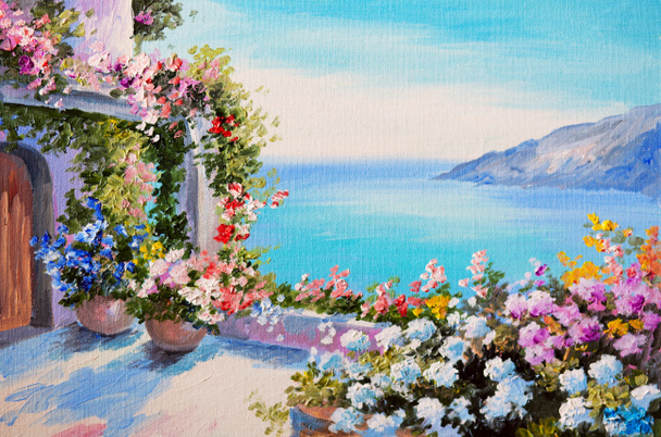 Pintura al óleo - casa cerca del mar
 - Foto, Imagen