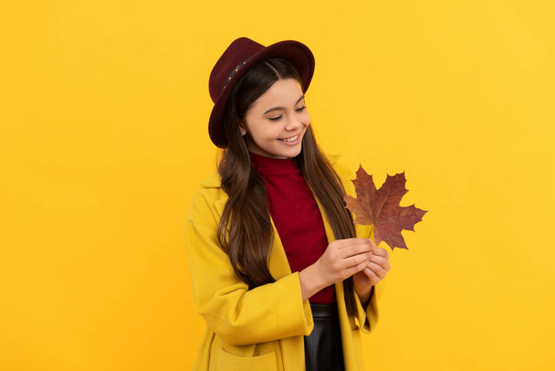 childhood happiness. natural beauty. fall season fashion. teen girl in hat hold autumn leaf. - Photo, Image