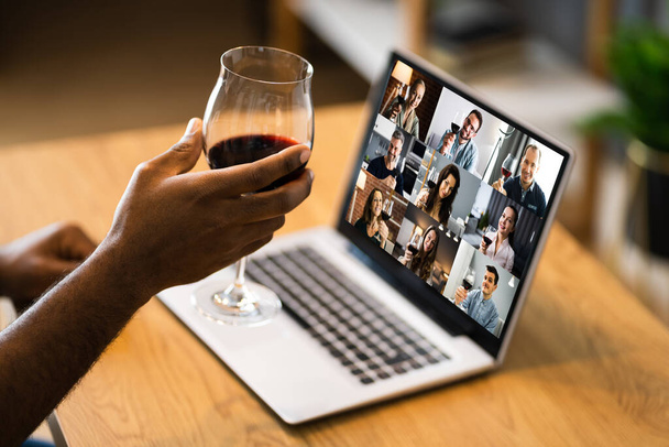 Online Video Conference Home Party Call Wine Dinner - Фото, изображение