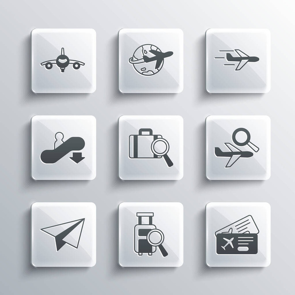 Set Lost baggage, Airline ticket, Airplane search, Paper airplane, Escalator down, Plane and  icon. Vector - Вектор, зображення