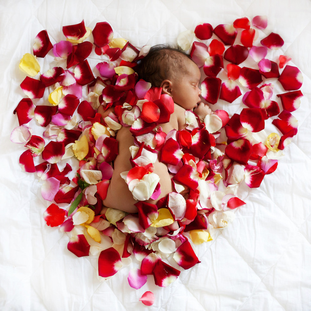 Black newborn baby sleeping in rose petals  - Photo, Image