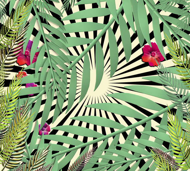 Exotic jungle plants tropical leaves. Pattern, floral 3D illustration on the black yellow geometric background. Nature wallpaper. - Fotoğraf, Görsel
