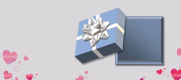 Open blue gift box top view. Love gift box with heart shape confetti on pastel background. Love, Valentines, birthday, Mothers day, Christmas, New Year. Mock up, place for text. Vertical. 3d render - Foto, afbeelding