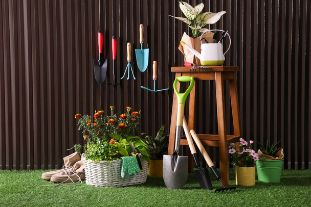 Beautiful plants, gardening tools and accessories on green grass near wood slat wall - Fotó, kép