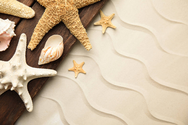 Beautiful sea stars and shells on sand, top view. Space for text - Foto, imagen