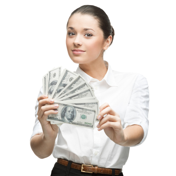 young cheerful businesswoman holding money - Φωτογραφία, εικόνα
