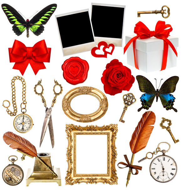 Objects for scrapbook. clock, key, photo frame, butterfly - Фото, изображение