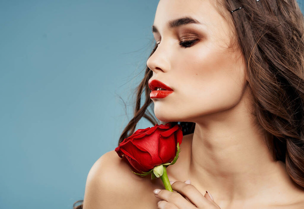 pretty woman attractive look rose flower clean skin posing - Photo, Image