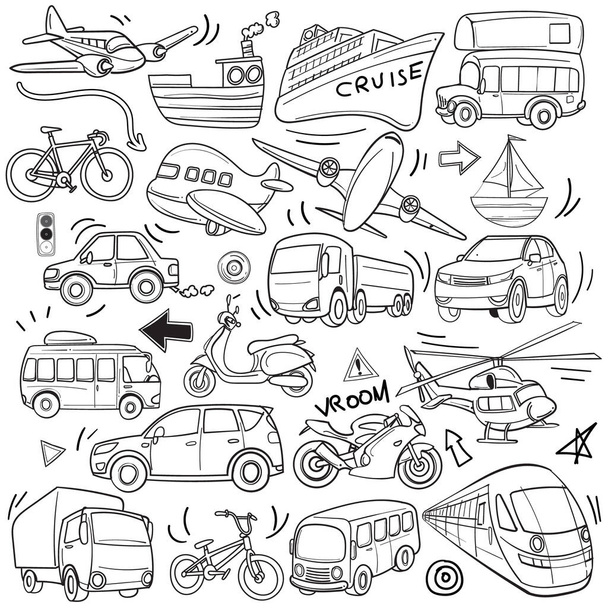 Transportation vehicle theme graphic vector illustration in simple black and white outline doodle style - Vetor, Imagem
