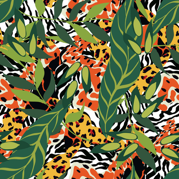 Motley Jaguar and Palm Vector Seamless Pattern. Exotic Cheetah Illustration. Animal Print. Tiger and Leaves Bright Abstract Background. - Vektör, Görsel