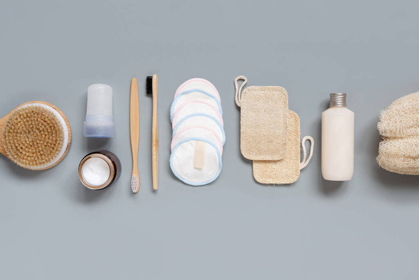 Top view of different hygiene and beauty items on grey background.  Eco friendly Zero waste concept.. - Foto, Imagen