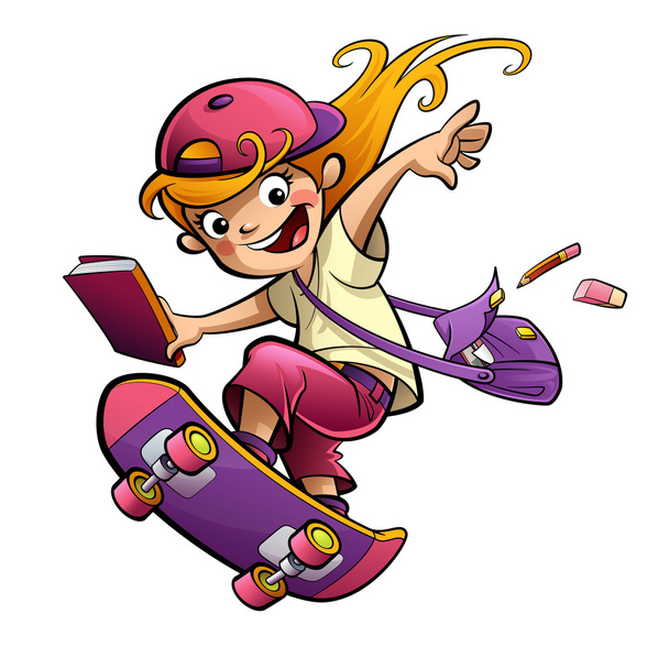 Cartoon happy smiling student girl with skateboard going to scho - Photo, Image