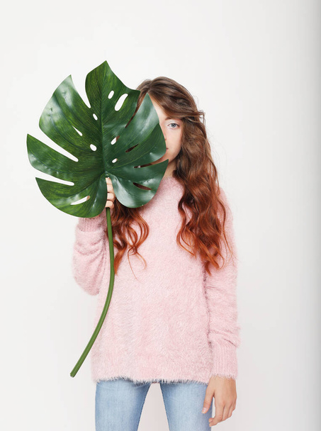 Beauty and fashion concept: Little curly girl child holding big green leaf. Isolated over white background. - Фото, зображення