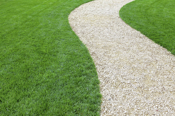 Curved garden stone path with fresh green cultivated lawn in summer - Fotó, kép