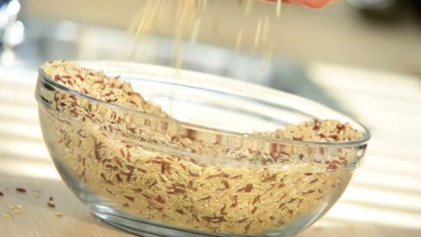Close-up van kom gezonde droge cereals voedsel nietje wereld korrels - Video