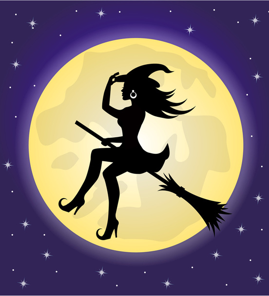 Witch on a broomstick on the background of the moon - Vector, afbeelding