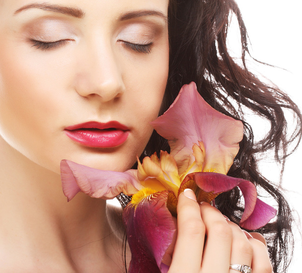 beautiful woman with pink flower - 写真・画像