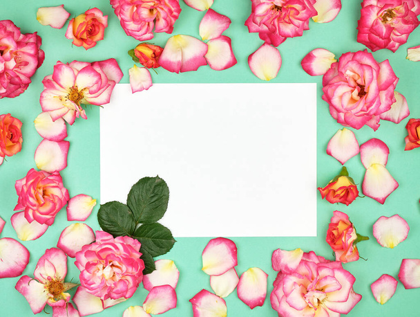 empty  white paper sheet and buds of pink roses, festive background, copy space - Foto, afbeelding