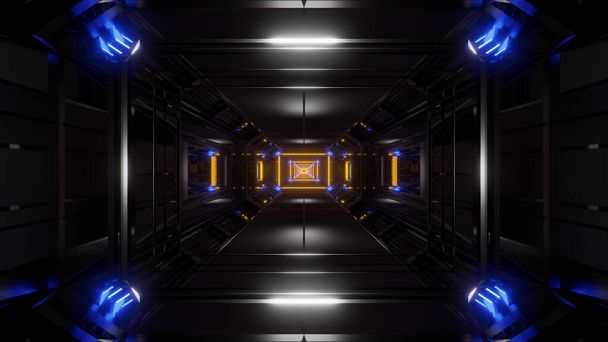 dark black space tunnel with glowing lights 3d rendering background, futuristic space corridor wallpaper, modern space hangar wallpaper - Foto, Imagem