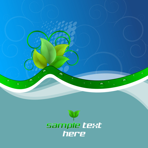 Fundo com tema ecológico, folhas verdes e gotas de água
 - Vetor, Imagem