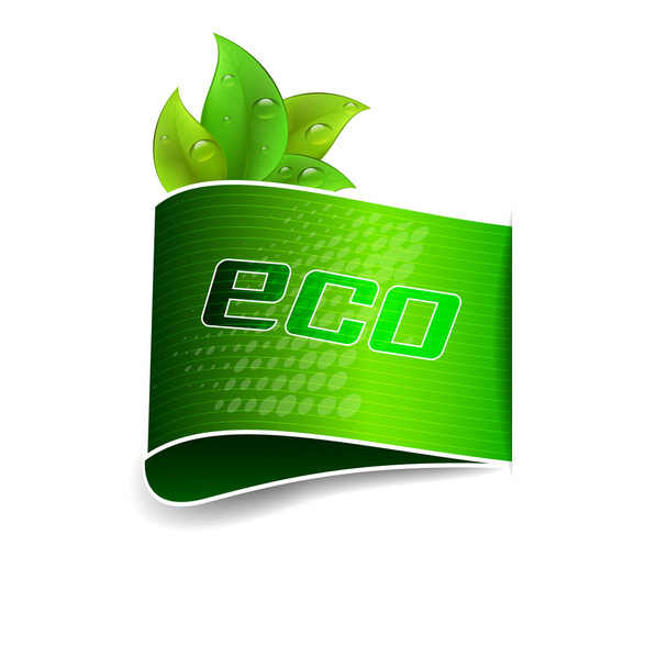 Эко-этикетка с зелеными листьями и капельками воды
 - Вектор,изображение
