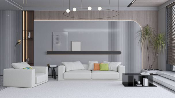 Illustration 3D rendering large luxury modern bright interiors Living room mockup computer digitally generated image - Fotoğraf, Görsel