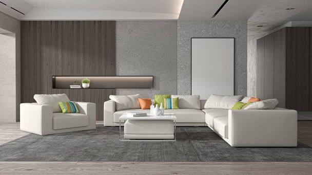 Illustration 3D rendering large luxury modern bright interiors Living room mockup computer digitally generated image - Photo, image